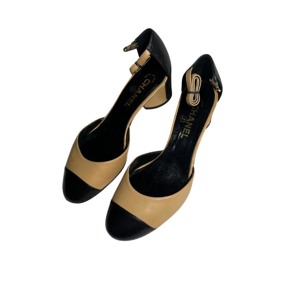 Chanel Vintage Beige & Black Leather Cap Toe Ankle Strap Heel Pumps 36